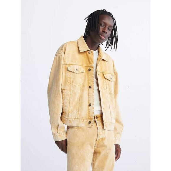 $118 Calvin Klein Men's Naturals Essential Trucker Jacket Cotton Pale Yellow S - Picture 1 of 9